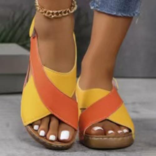 Open Toe Orthopedic Sandals for Women with Back Strap,Ladies Patchwork Slingback Wedge Sliders Ankle Strap Casual Summer Arch Support Comfy Walking Sandal with Touch Fastening Size 4 Orange-Yellow — view 5