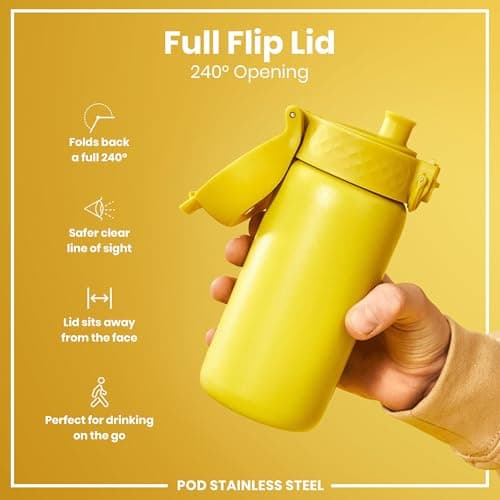 ION8 Lightweight Steel Kids Water Bottle, 400ml/13oz, Non-Insulated, Leak Proof, Easy to Open, Secure Lock, Dishwasher Safe, Fits Cup Holders, Carry Handle, Metal Water Bottle, Yellow — view 4