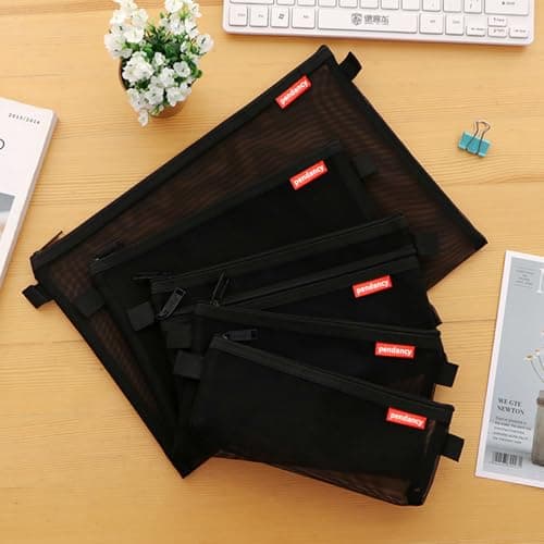 Pendancy Mesh Zipper Pouch 5pcs Lightweight Nylon File Folders Document Organizer Cosmetic Bags Accessories Storage for Travel and Office Supplies (Black, A4 A5 A6) — view 5
