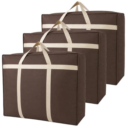 3 Pack 60L Heavy Duty Moving Storage Bags, Reinforced Handles Hold 60kg, Waterproof Storage Sacks with Strong Dual Zips, Foldable Organiser Moving Bags for Clothes, Bedding, House Moving (Brown)
