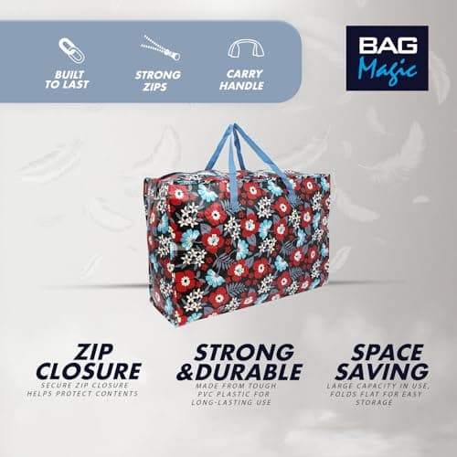 Extra-Large 100L Storage & Shopping Bag – Heavy-Duty PVC Zip Holdall for Laundry, Moving, Travel & Home Organisation - Red Flower — view 3