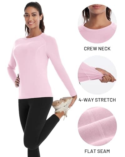 Runhit Thermal Tops Womens Long Sleeve Fleece Lined Compression Shirt Soft Warm Base Layer Moisture Wicking Sports Underwear for Ski, Running Gym Workout Light Pink M — view 3
