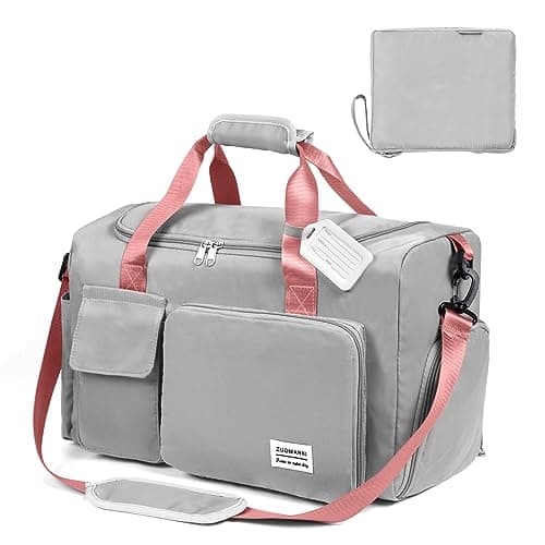 flintronic Travel Duffel Bag, Foldable Gym Bag- Overnight Weekend Bags for Women Men, with Wet and Dry Separation, Large Capacity Holdall Bag for Sports and Travel - Grey & Pink