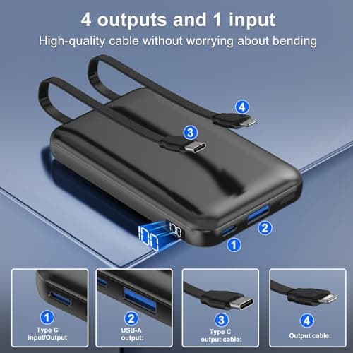 10000mAh Power Bank, YISHDA Ultra Slim Portable Charger 22.5W PD Fast Charging with 2 Built-in Cables, for iPhone 16/15/14/13/12 Series, Samsung, Android Smartphones (Black) — view 3
