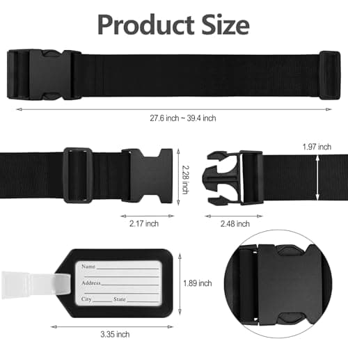 Aulese 2 Pack Luggage Straps, Adjustable Suitcase Straps with Luggage Tags, High-Visibility Luggage Straps for Suitcases, Travel Accessories Luggage Belt for Baggage (Black) — view 3