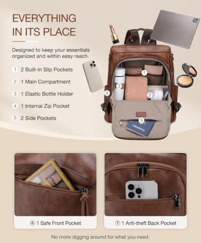 VX VONXURY Anti-Theft Backpack for Women Fashion PU Leather Backpack Purse With Detachable Shoulder Strap Vintage Handbag for Daily Work Travel — view 5