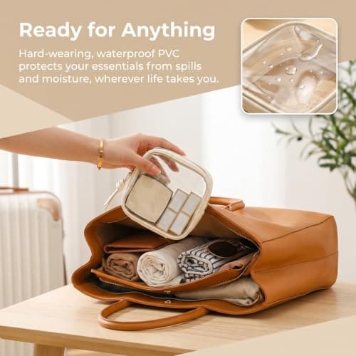 Clear Makeup Bag for Handbag, Small Makeup Bag for Women, Mini Makeup Bag, Waterproof Cosmetic Pouch, Travel Toiletry Organizer with Handle, Beige and Black — view 6