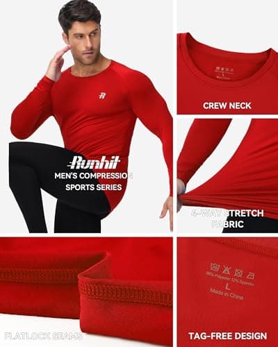 Runhit Men's Red Long Sleeve Compression Top, Crew Neck Sports Base Layer Shirts UPF 50+, Quick Dry Mens Undershirt for Fitness Motorcycle Rugby Workout M — view 4
