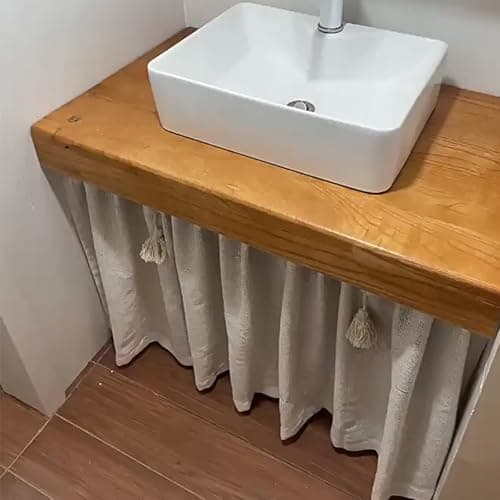 GUAWJRZDP Retro cotton and linen short curtains, curtains under the sink, Nordic style door curtain, shading and ventilation, tassel decoration, rod installation, one piece (Size: W150XH80(CM)) — view 3