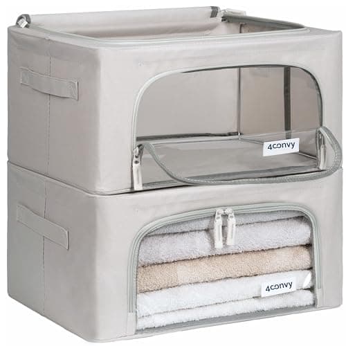 4CONVY Solid, Foldable Clothes Storage Box with Zipper, Metal Frame, Storage Bag for Duvets, Clothes, Bedding, Sturdy Storage Box for Garments, Stackable