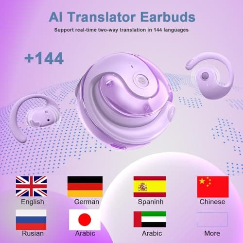 OWS AI Language Translator Earbuds Real Time, Supports 144 Languages, Earphone 3-in-1 Accents，Headphones Language Earbud Translators Bluetooth & APP for Travel, Business, and Learning（Purple） — view 3