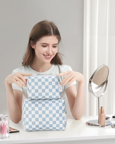 Large Makeup Bag Zipper Pouch Travel Cosmetic Organizer for Women (Sky Blue Checkerboard,Large) — view 2