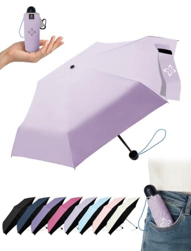 LILAC Mini Compact Folding Umbrella, Travel Pocket Rain Sun UPF 100+ UV