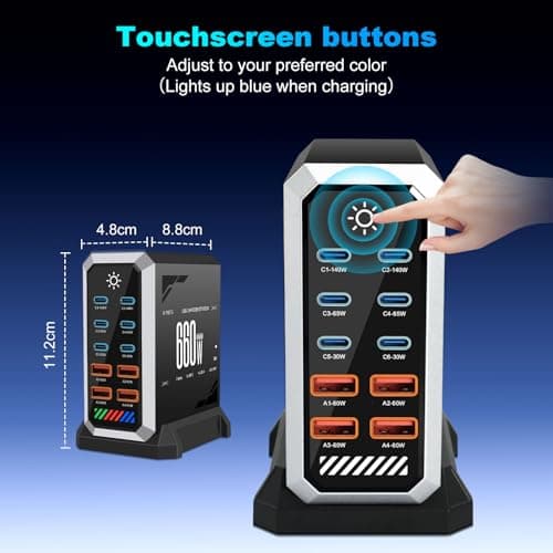 10 in 1 & 660W USB C Charging Station Hub GaN III Multi Port USB Fast Charger Block (6 USB‑C & 4 USB‑A), Black Power Dock Compatible with MacBook, iPhone, iPad, Galaxy S24/S23 etc — view 5