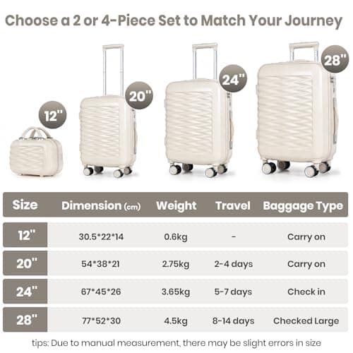 H.yeed 20 Inch Cabin Suitcase with 12 Inch Vanity Case Lightweight ABS Hard Shell Suitcase Trolley Luggage Travel Case with Spinner Wheels (Beige, 2 pc Set) — view 5