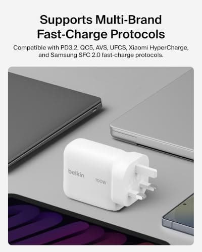 Belkin BoostCharge USB C Plug Charger, 100W GaN Fast Charging for iPhone 17, Samsung Galaxy S26, Pixel 10, AirPods, Tablet, MacBook - 1.5 m USB C Cable Included - Travel Essentials - White — view 4