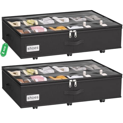 VERONLY Under Bed Shoe Storage Organiser with Wheels for Closet Fits 24 Pairs- Sturdy Underbed Shoe Storage Box Bins,Set of 2 (Black)