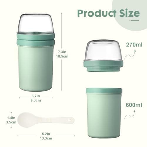 Mitsemmo Cereal Cup On The Go,600ml+270ml Breakfast Pots to Go,Yogurt and Granola Pot,Muesli Cup Travel Bowl and Milk Container for Work,Overnight Oats Jar with Lid & Spoon(Nordic Green) — view 3
