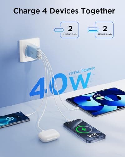 USB C Plug Fast Charge, 40W 4-Port USBC Charger Dual Port PD Power Adapter + QC Wall Charger, Multi USB Plug Charger UK Type C Charging Plug for iPhone 17 16 15 14 13 12 11 Pro Max, iPad, Samsung — view 3