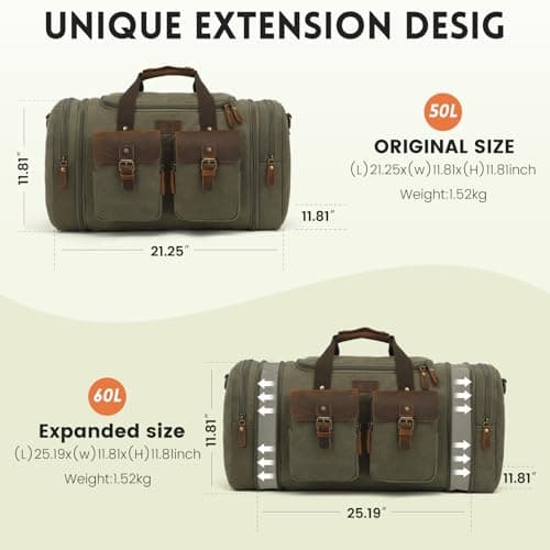 Imyth 60L Large Capacity Leather Duffle Bag - Classic Vintage Expandable Canvas Weekend and Overnight Travel Bag, Airplane Carry-On Luggage（Army Green） — view 3