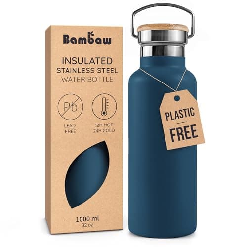 Bambaw Insulated Stainless Steel Water Bottle 1l, Double-Walled Metal Water Bottle 1l with Handle, Durable & Lightweight, Easy to Carry for School, Gym or Sport (Aegean Blue)