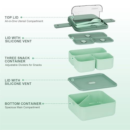 Esilihom Lunch Box, 1800ML Bento Box with Compartments, Stackable 2 Layer Reusable Meal Prep Containers with Thermal Bag & Cutlery for Adults & Kids - Office, School, Travel (Green) — view 2