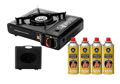 UTTAM Black Portable Camping Stove with Carry Case | Gas Camping Stove with Automatic Ignition & Heat Control (Includes 4 Butane Gas Cylinders)