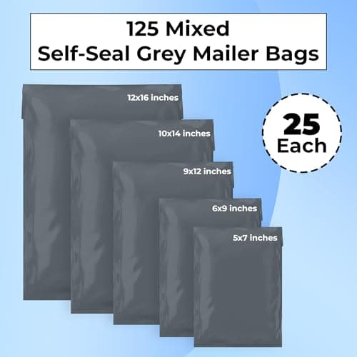 Double Dragon 125 Mixed Size Self-Seal Mailer Bags | Tamper-Proof Plastic Packaging for Mailing, Postage, Shipping & Delivery | Grey (5 Sizes | Small to Large | 25 Each) — view 2