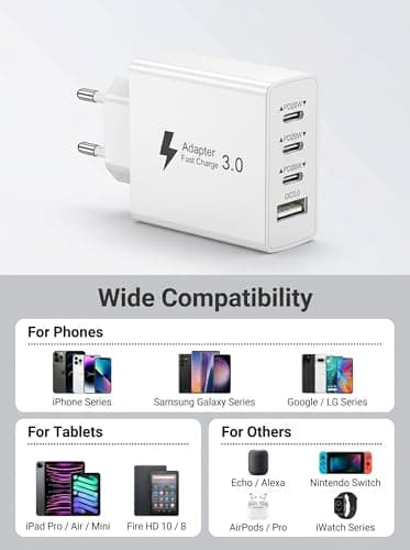 EU Travel Adapter Charger, 50W European Plug Adapter with 3 USB C and 1 USB A, Universal Travel Adapter European USB Charger Plug with Nylon 2M USB C Cable for iPhone 17 16 15 14 13/ iPad/Galaxy — view 3