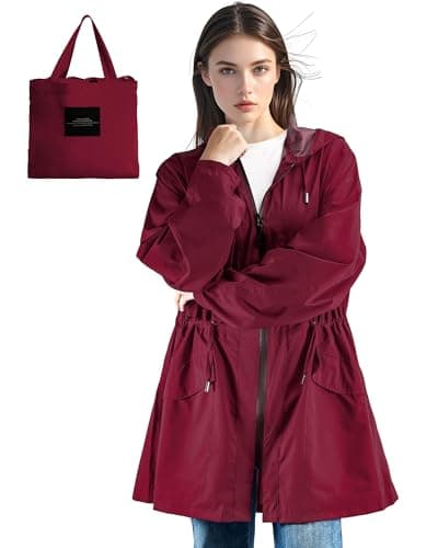 SOPPY Women Waterproof Raincoat Ladies Rain Jacket with Hood, Lightweight Unisex Rain Coat Windbreaker Trench,Red