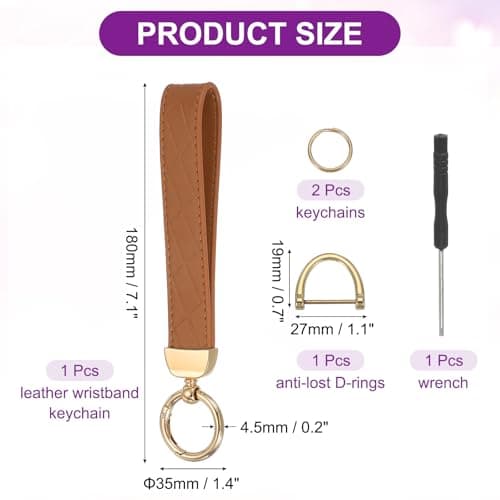 sourcing map Leather Wristlet Keychain Car Key Chain Wristlet for Women, 7 Inch Key Fob Holder with D Ring and 2 Key Ring for Keys Wallets Purse, Gold Tone/Brown — view 2