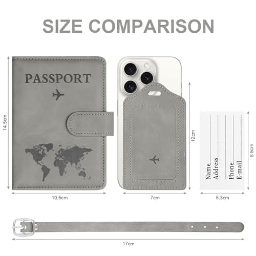 OFFCUP Passport Holder Cover, PU Leather Passport Cover and Luggage Tag Set with RFID Blocking Travel Wallet, Universal Travel Wallet Case Organiser for Money, Boarding Passes, Credit Cards Gray — view 2
