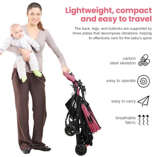 Travel Baby Stroller, Baby Pushchair Up to 10kg Buggy One-Hand Folding Infant Pushchair with Adjustable Backrest, Canopy, Storage Basket for 0-2 Years Toddlers (Pink) — view 6