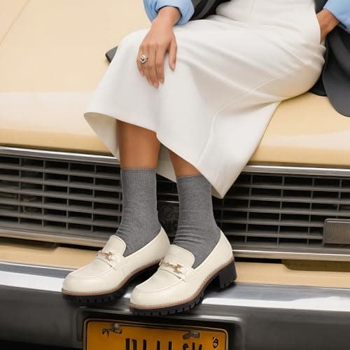 DREAM PAIRS Women's Chunky Loafers Dressy Shoes,Beige-Pu,5.5 — view 3