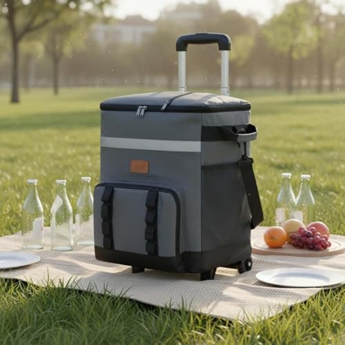 Llazsybz Outdoor Insulated Rolling Chiller Bag Portable Ice Chest Wheeled With Telescopic Handle Insulated Storage suitable for camping hiking fishing road trips family outings, Khaki — view 5