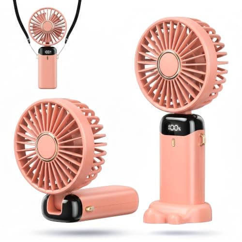 HomlyPro Handheld Fan, 5000mAh Battery-Operated Portable Fan with LED Display, 5 Speeds Strong Airflow & 90° Foldable Design, Small Desk Fans for Home Office Outdoor Travel Essentials (Pink)