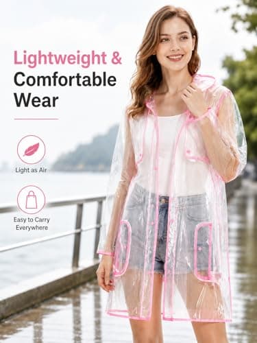 shelikes Women’s Raincoat Transparent Waterproof Rain Mac Jacket Clear Lightweight Raincoats with Hood & Pockets for Camping Outdoor Events & Travel Neon Pink — view 3