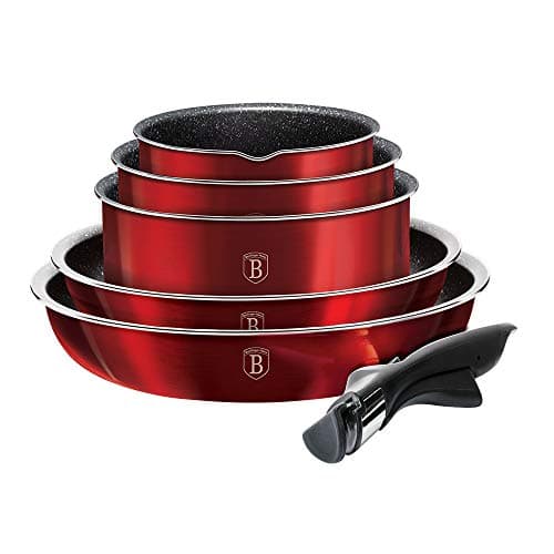 12 Pcs Colorful Space Saving Cookware Frying Pan Sauce Pan Casserole Pot Set Induction Lid Handles (Red) — view 3