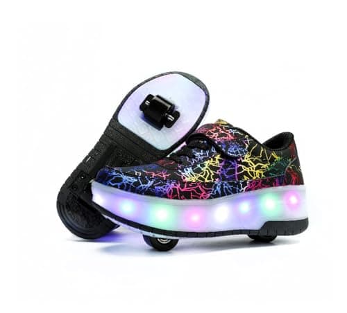 HUSKSWARE Kids Shoes with Wheels – LED Light-Up Roller Sneakers Boys Girls, Retractable Skating Trainers, USB Rechargeable Outdoor Sports Shoes EU 27-40 White Black Pink