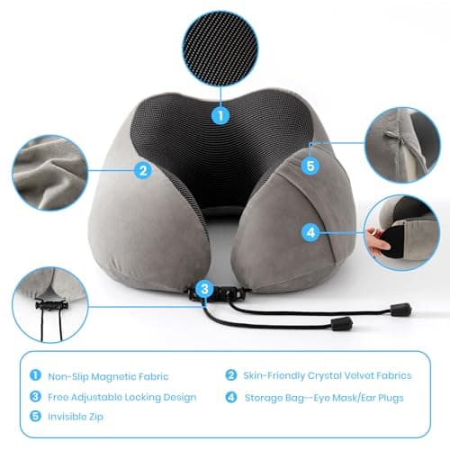Good Nite Travel Pillow for Airplane, Neck Pillow for Travel Soft Memory Foam Travel Pillows for Adults Plane Pillow Flight Pillow for Camping/Car Grey — view 2