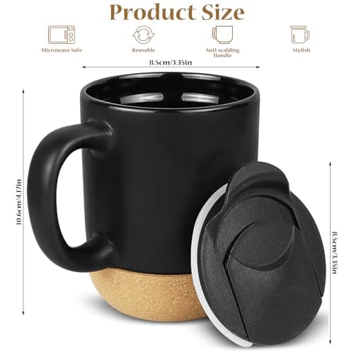Hioph Ceramic Travel Mug with Lid and Handle, 400ML Coffee Cup(Black) — view 2