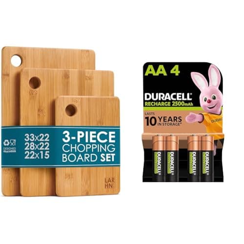 Premium Extra-Thick Wooden Chopping Boards - 3 Piece Bamboo Chopping Board Set - 33x22cm / 28x22cm & Duracell Rechargeable AA Batteries (Pack of 4), 2500 mAh NiMH, pre-Charged, Our No. 1