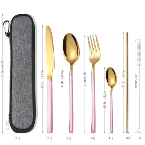 AARAINBOW Portable Cutlery Set for 1 Person, Stainless Steel Knife Fork Spoon Straw Set. 6-Piece Flatware Set with Bag, Suitable for Travel Camping Work, Dishwasher Safe, Pink Gold — view 3