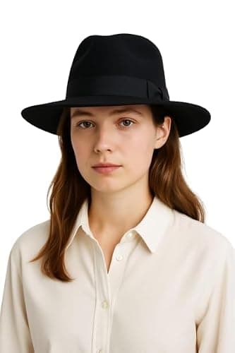 Novella Noori Indiana Jones Style Fedora Hat - Pure Wool Felt Wide Brim Fedora Hat for Men and Women - Crushable, Water-Resistant Vintage Wool Flet Fedoras - (Black, UK, Alpha, L) — view 4