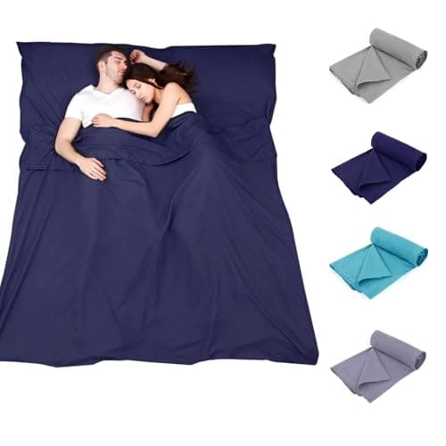 Plliocse Sleeping Bag Liner, Portable Travel Camping Sheet, 180 x 210 cm Double Size Sleeping Bag Liner with Pillow Pockets for Adults Hotels Business Trip Camping (Navy Blue, 180cm x 210 cm)