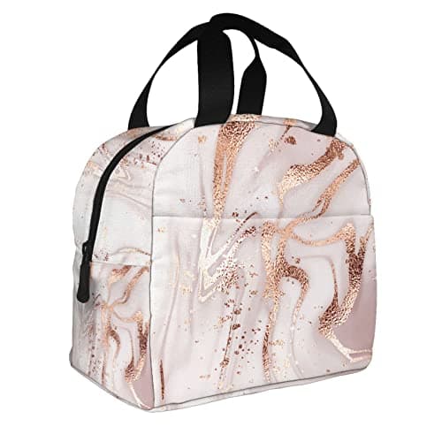 Lunch Bag Insulated Box Marble Painting with Rose Gold Glitter Pink Reusable Tote Portable Leakproof Cooler Front Pocket for Travel/Picnic/Work/School/Office, Gold,pink — view 2