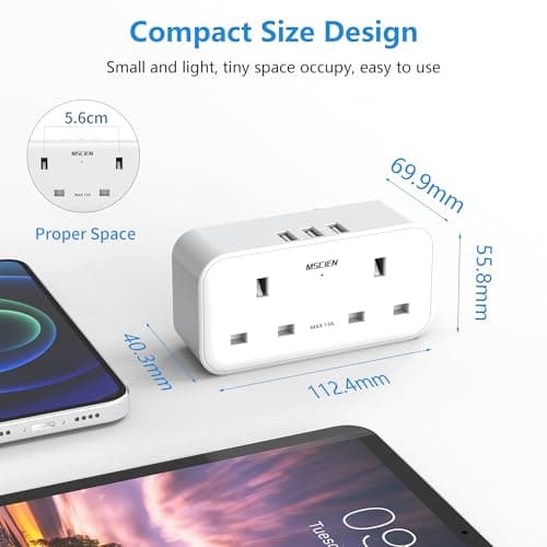 Plug Adapter with 3 USB (2 Pack), Mscien Multi Plug Extension Socket, Double Plug Adaptor with Dual 2 Pin Socket at The Bottom, 13A UK Multiplug Extender, Wall Charger Power Socket for Home Office — view 6