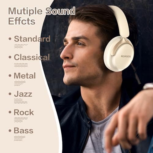 RORSOU B8 Bluetooth Headphones Over Ear, 6 EQ Music Modes and 50H Playtime Deep Bass Wireless Headphones with Mic, Lightweight Folding HiFi Stereo Headset for iPad/Travel/Tablet/PC/Home Beige White — view 4