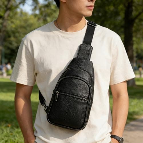 Yevabo Genuine Leather Men's Chest Bag Sling Crossbody Backpack - Anti-Scratch Multi-Pocket Adjustable Strap for Travel Hiking Commuting Daily Use, Black — view 2
