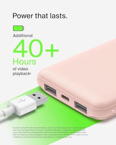 Belkin 10000mAh portable power bank, 10K USB-C portable charger with 1 USB-C port and 2 USB-A ports, battery pack for up to 15W charging for iPhone, Samsung Galaxy, AirPods, iPad, and more - Rose Gold — view 3
